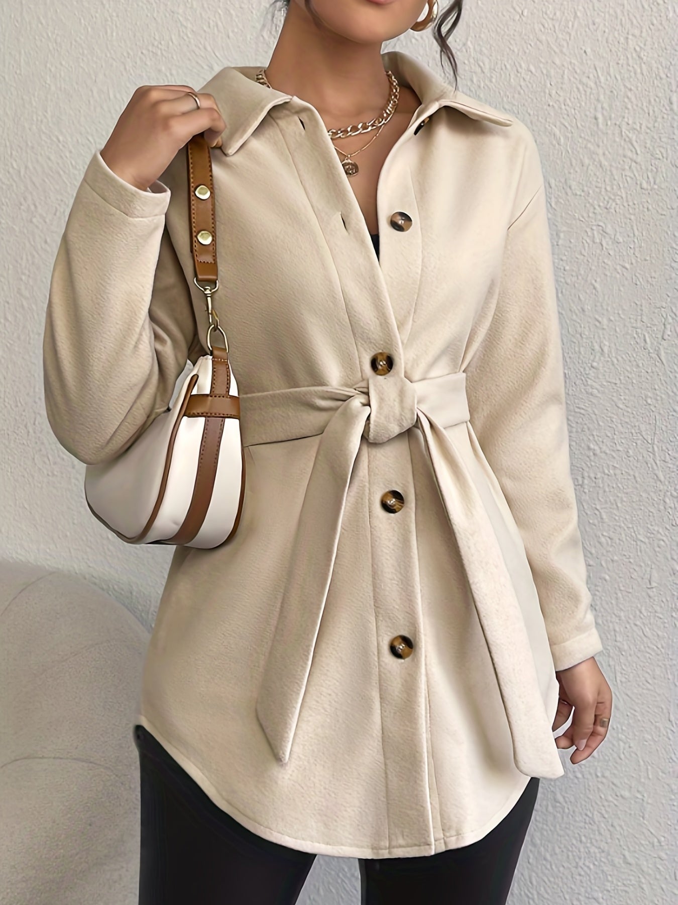 Solid Button Front Coat, Elegant Collared Long Sleeve Outerwear, Women's Clothing