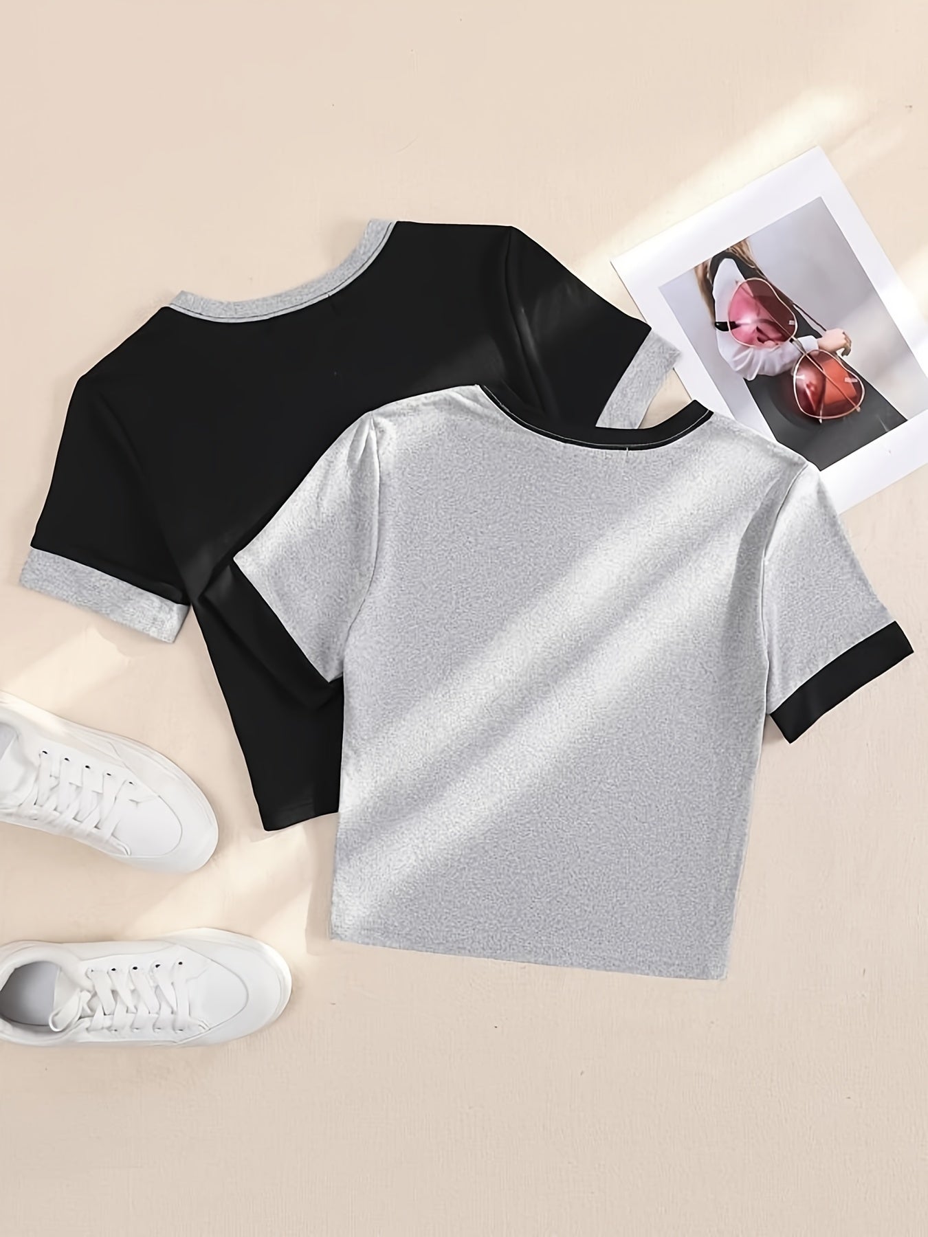 Sixsr 2 Piece Crop T-Shirt Set, Solid Short Sleeve Crew Neck T-Shirt For Summer & Spring, Women's Clothing