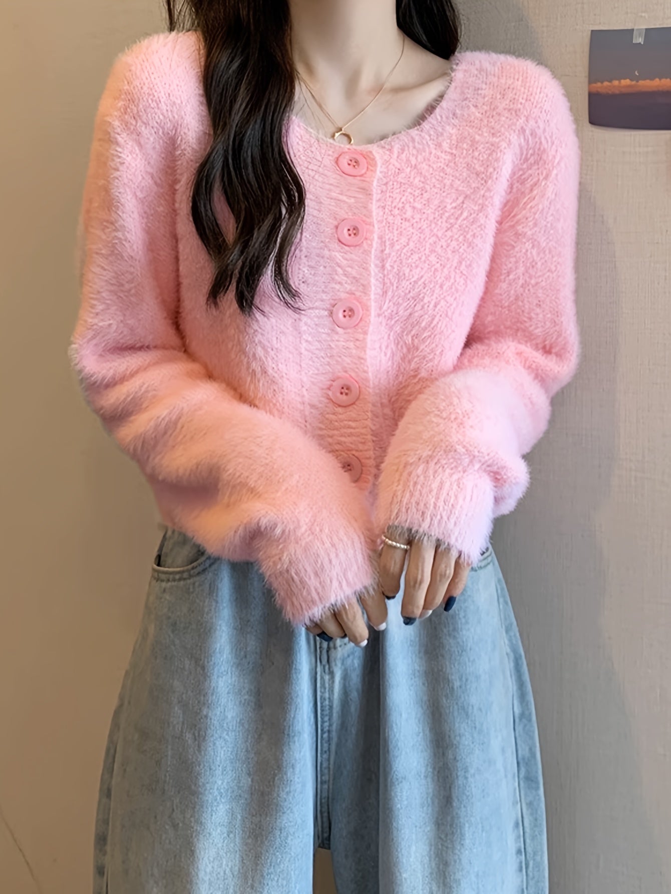 Sixsr Solid Button Down Knit Cardigan, Casual Long Sleeve Cozy Sweater, Women's Clothing