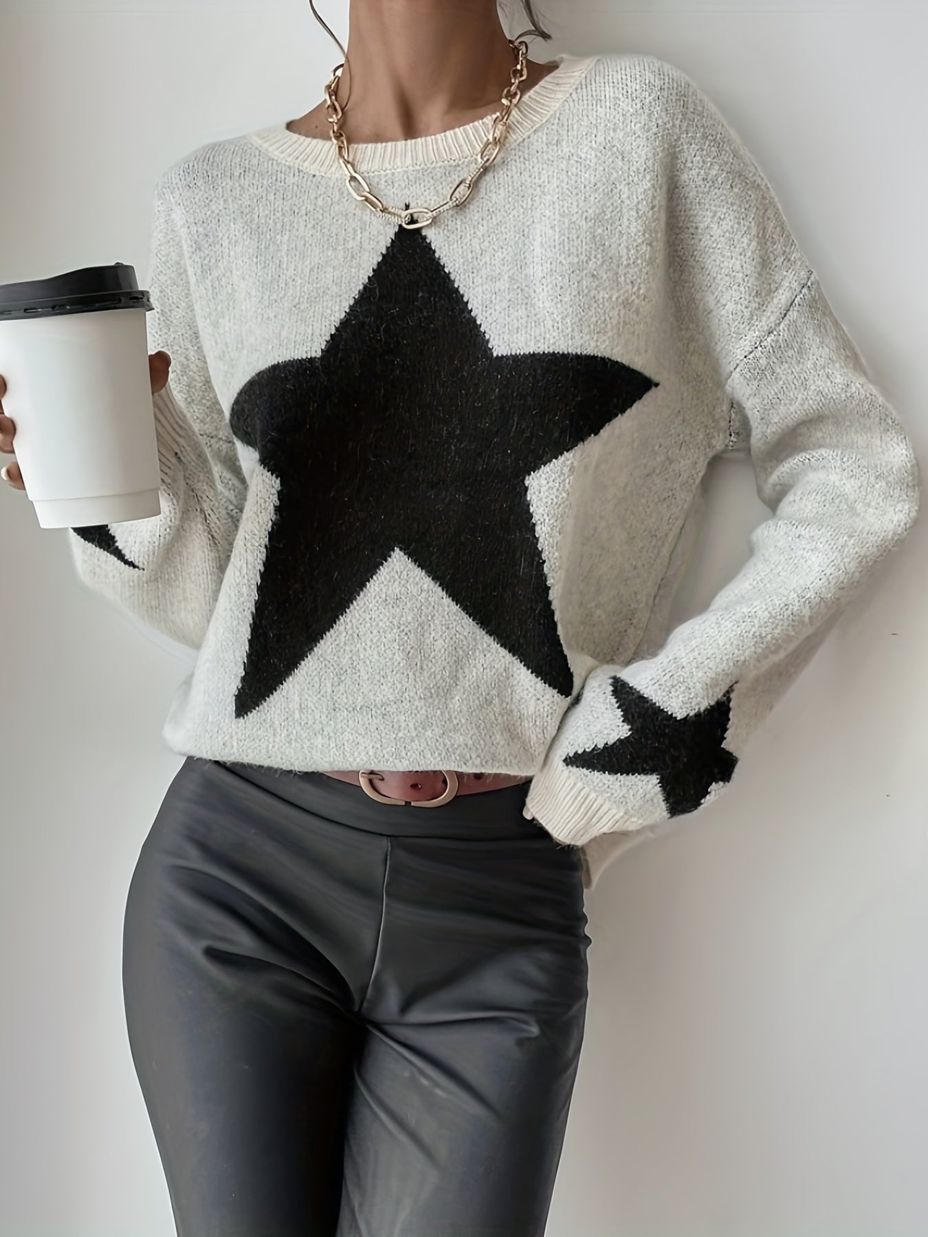 Sixsr Star Pattern Long Sleeve Sweater, Crew Neck Casual Sweater, Women's Clothing