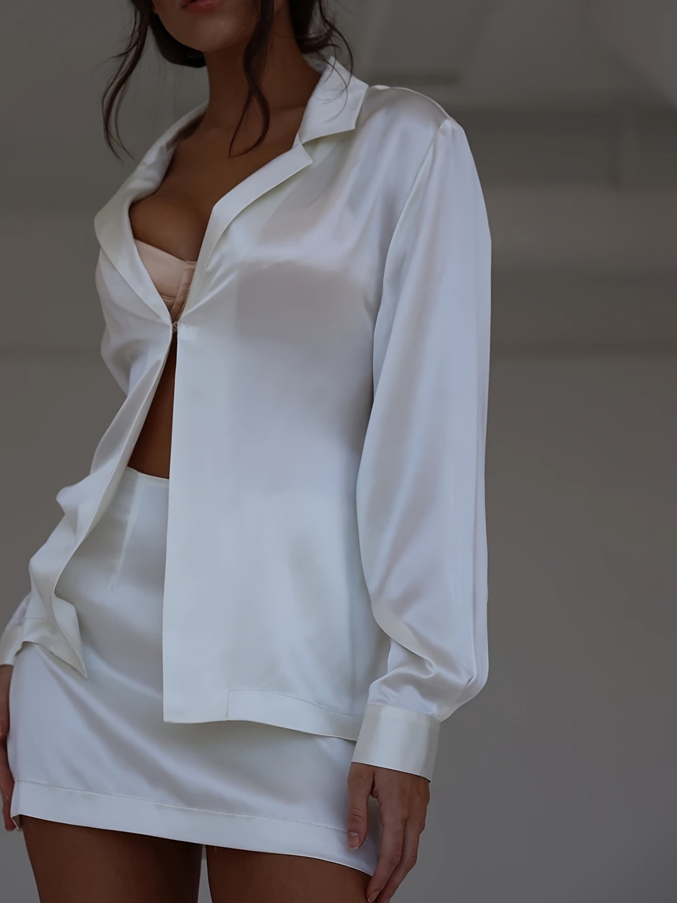 Sixsr Women's Stylish Two Piece Blouse Set, Solid Lapel Blouse & High Waist Mini Skirt, Women's Clothing