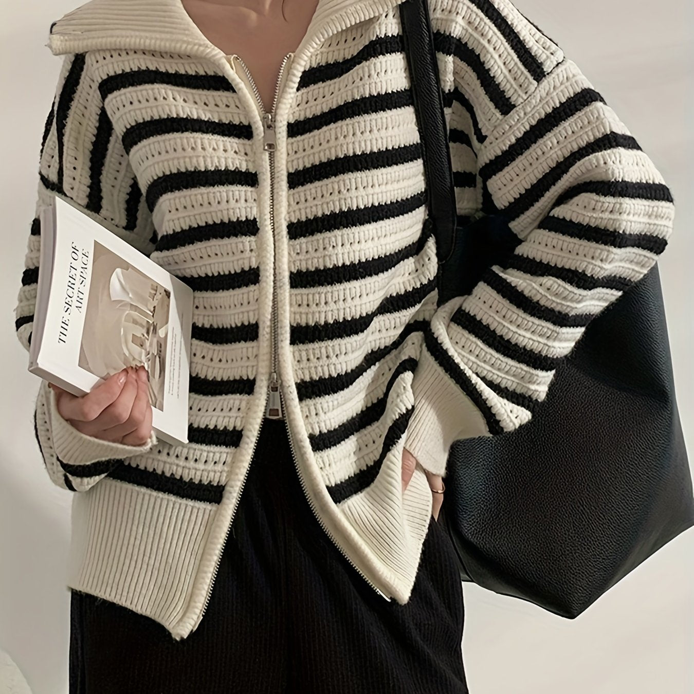 Sixsr Long Sleeve Striped Cardigan, Zip Up Casual Sweater, Women's Clothing