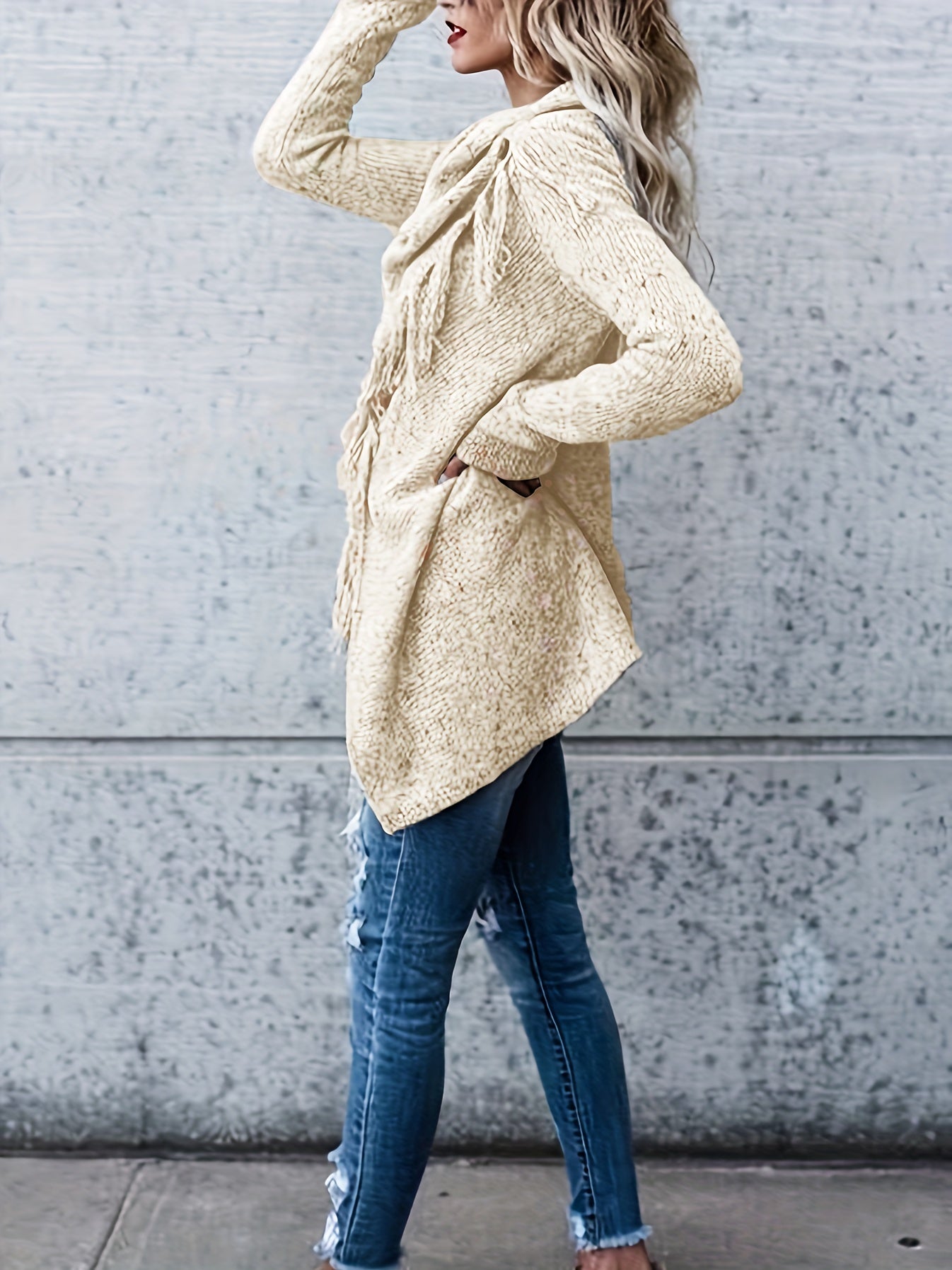 Sixsr Plus Size Casual Sweater, Women's Plus Solid Tassel Trim Long Sleeve Cowl Neck High Stretch Jumper