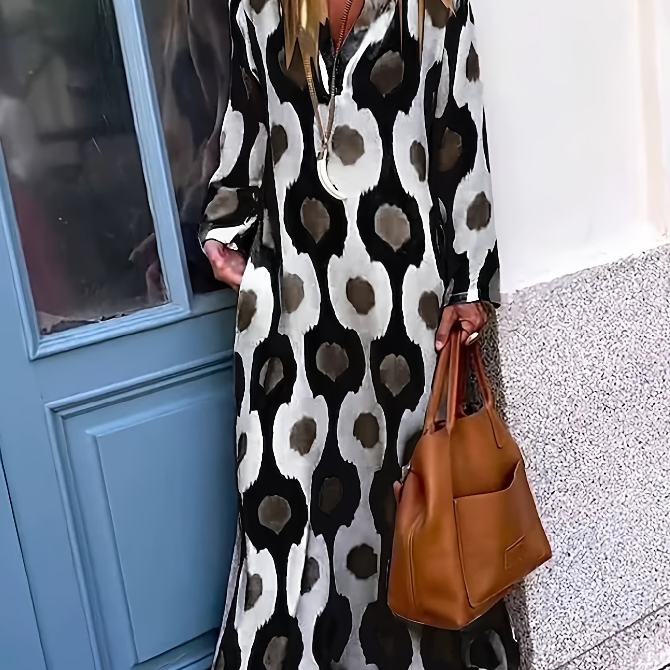 Sixsr Graphic Print Split Dress, Vintage V Neck Long Sleeve Maxi Dress, Women's Clothing