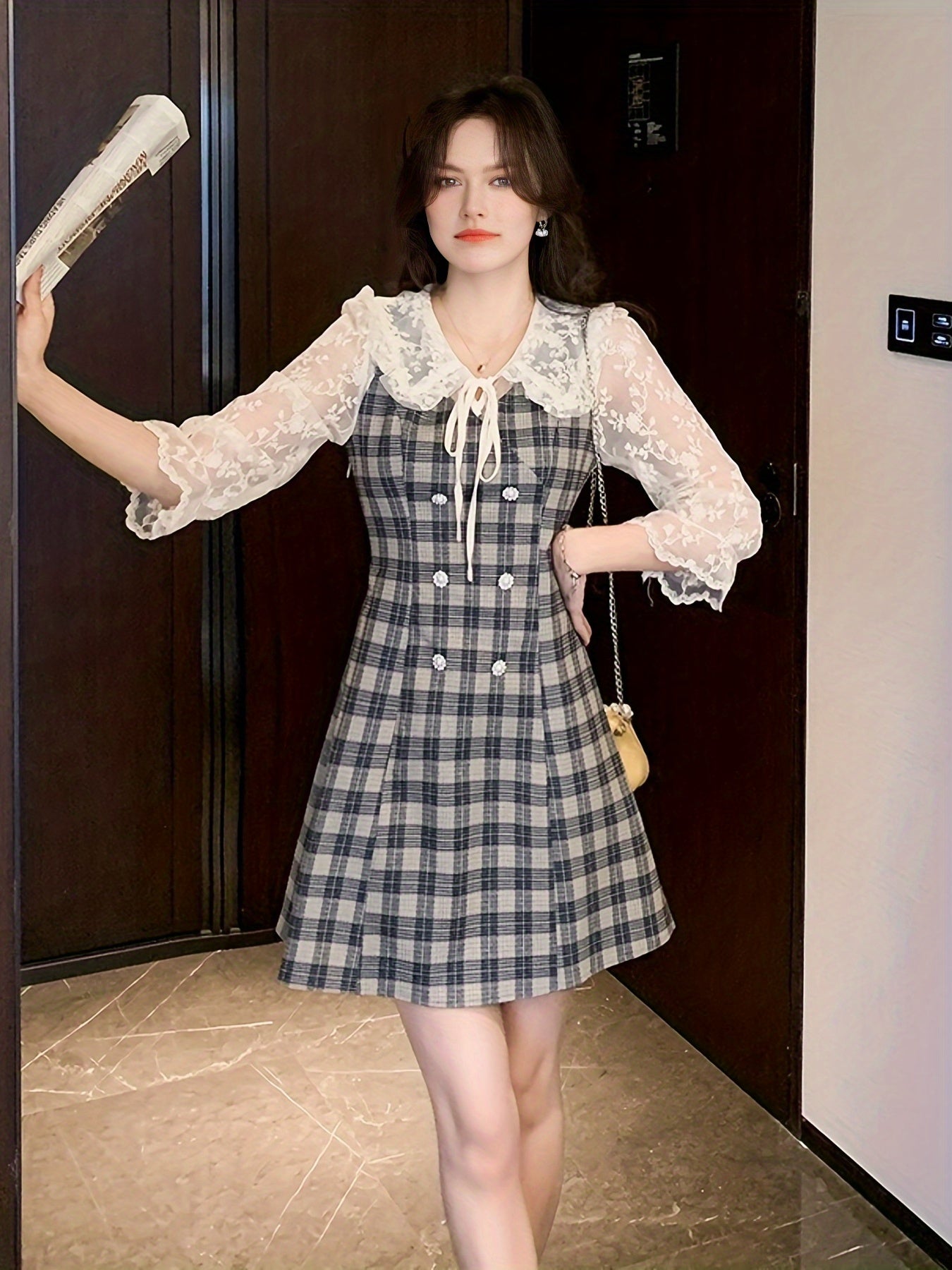 Sixsr Plaid Print Contrast Lace Dress, Elegant Bodycon Tie Front A Line Dress, Women's Clothing
