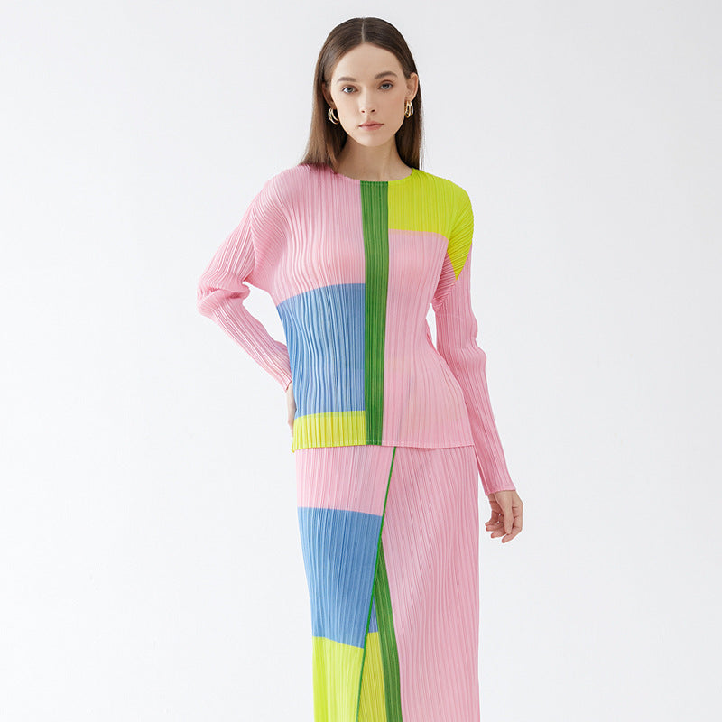 spring new round neck long-sleeved top high waist casual pleated skirt set women's pleated two-piece set