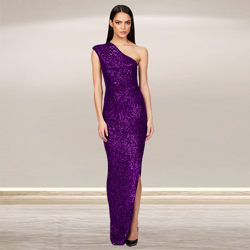 SIXSR 2025 Skirt summer women's clothing INS sleeveless one-shoulder split sequined long dress 2025 temperament dress women's wholesale