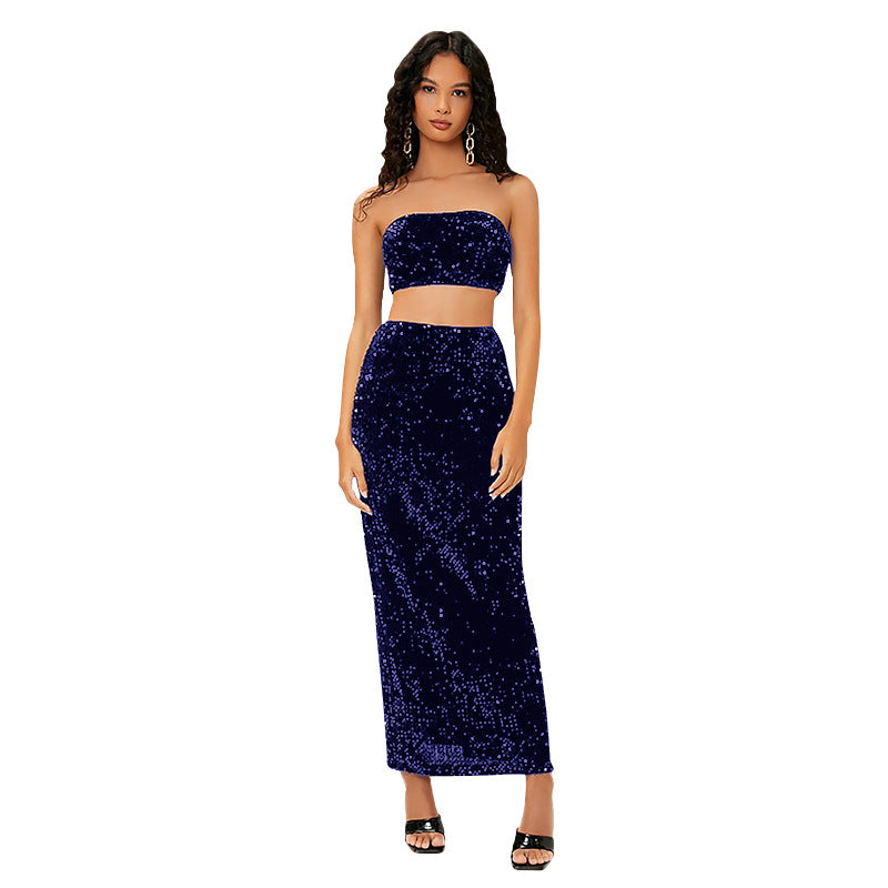 SIXSR 2025 Spice Girls Suit Women's Clothing Tube Top Sequin Suit Skirt Split Fork Fashion Light Ripe Two-piece Suit Women's Wholesale