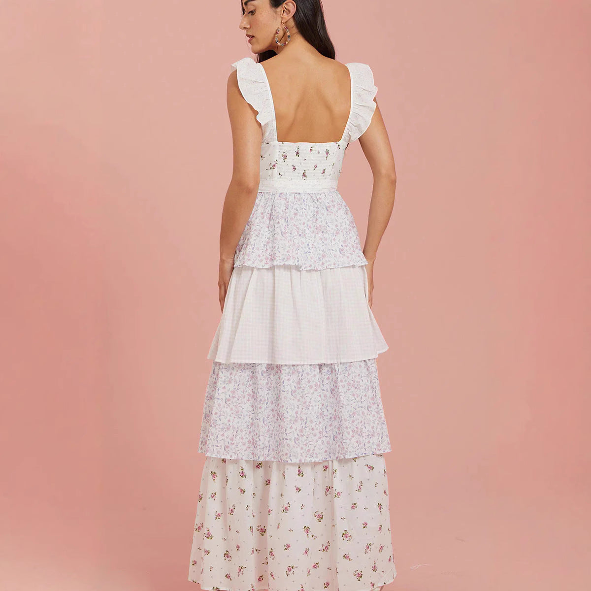 2025 New 2025 women's clothing ins vacation dress hollow slim deep V ruffle edge floral backless dress