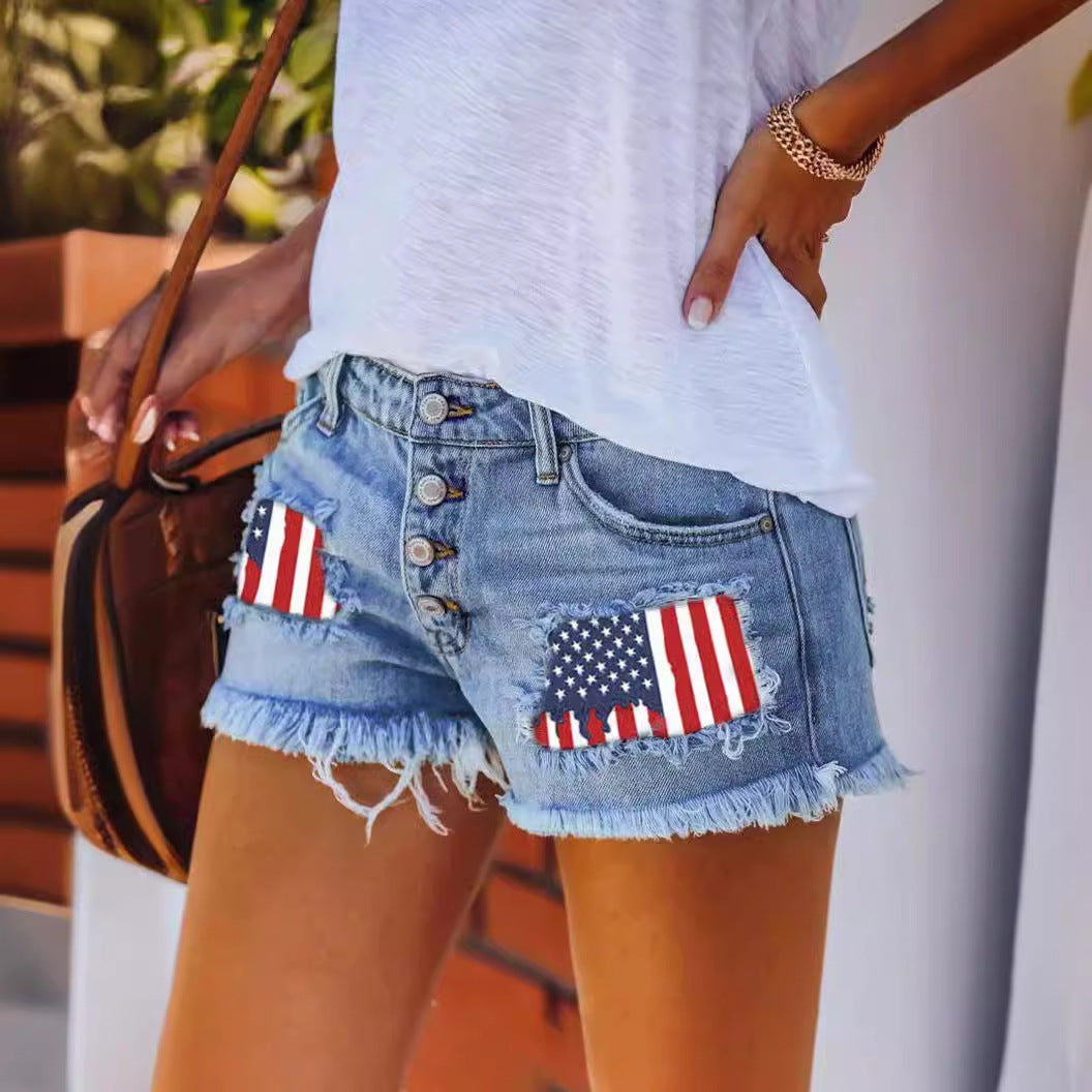 2025 popular trend breasted printed patch denim shorts women's New Popular trade hole fringed hot pants wholesale