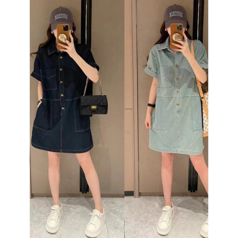 2025 Fashion temperament Hong Kong-style denim dress women's summer new fat sister loose and thin denim skirt