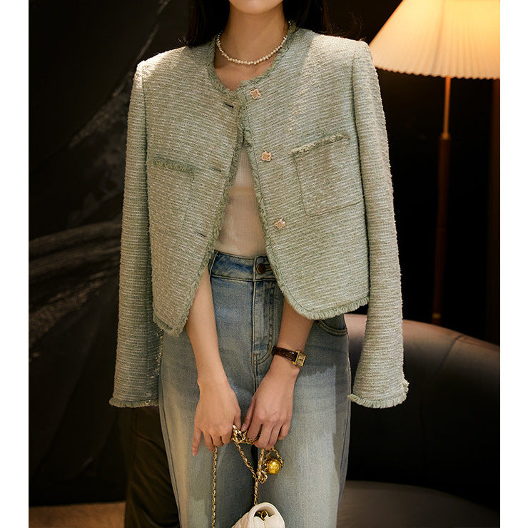 2025 High-end rough edge Xiaoxiangfeng jacket short spring and autumn women's clothing top spring green textured tweed