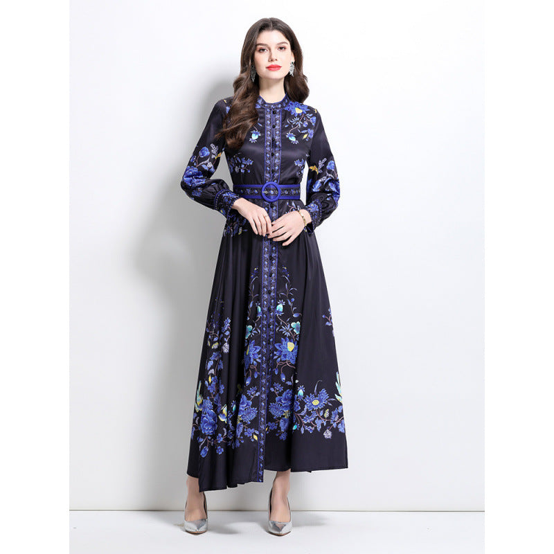 Court style blue and white porcelain printed stand-up collar single-breasted stunning skirt high-end elegant temperament big swing dress women