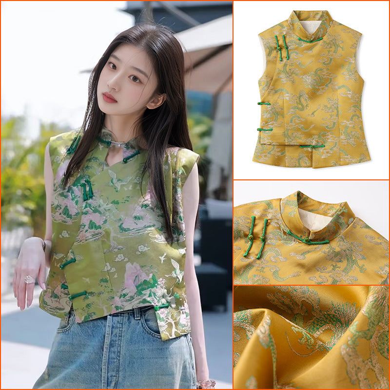 Guofeng New Chinese Green Jacquard Sleeveless Vest Women's 2025 Summer Disc Jiangshan Picture Embroidered Vest N3095