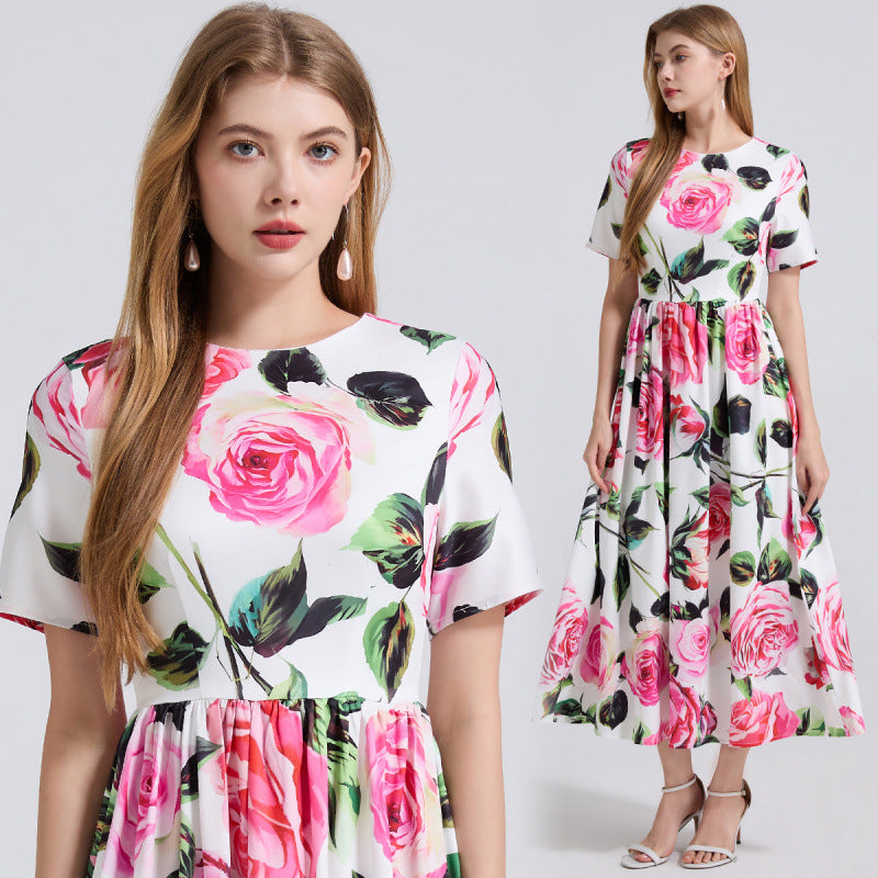 New Popular trade women's clothing summer catwalk new printed medium and long short-sleeved temperament dress women