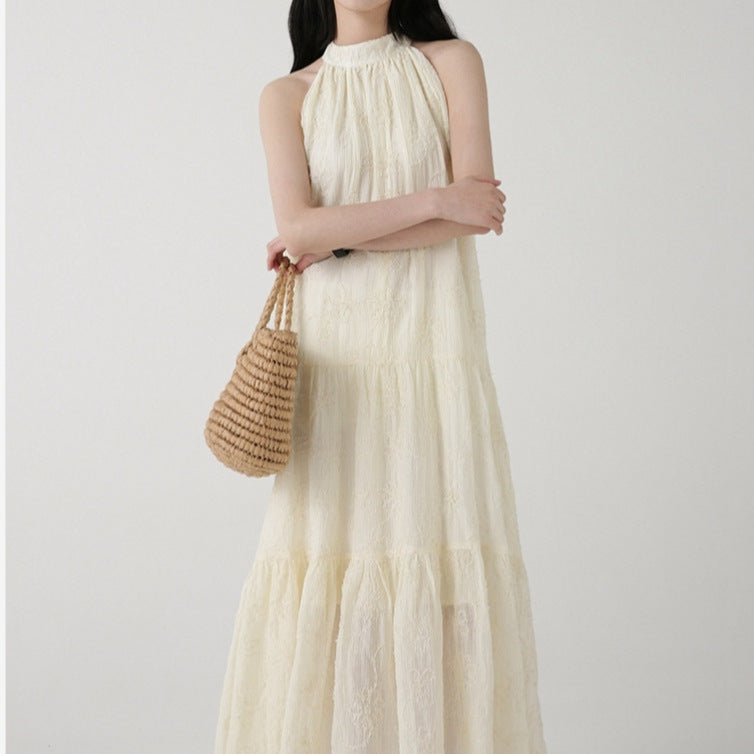 2025 Neck off-the-shoulder long floral dress for women's summer new retro national style ink painting slim long skirt