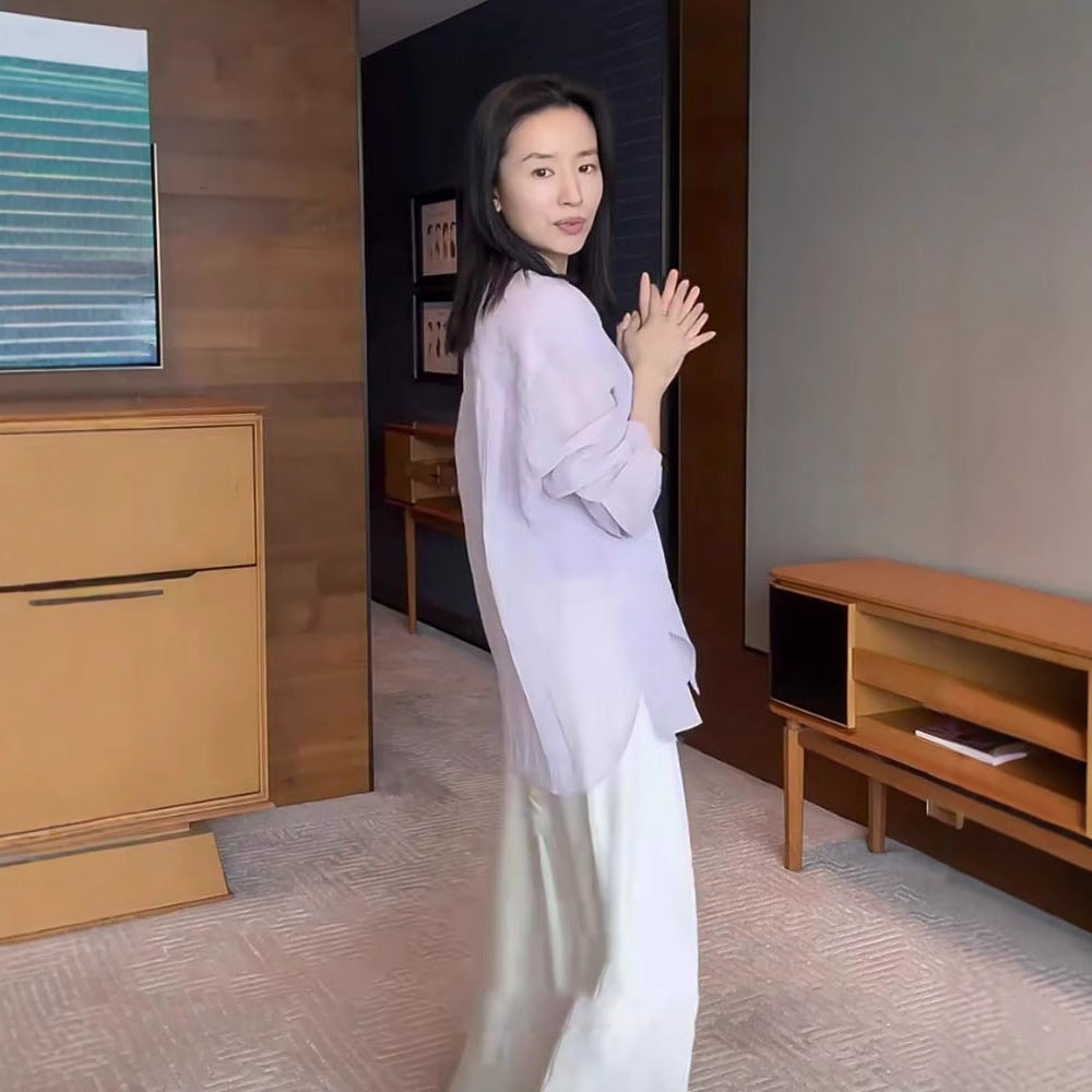 Siyuan advanced sense perspective light ramie shirt women's spring and summer simple solid color loose sunscreen long-sleeved top 7852