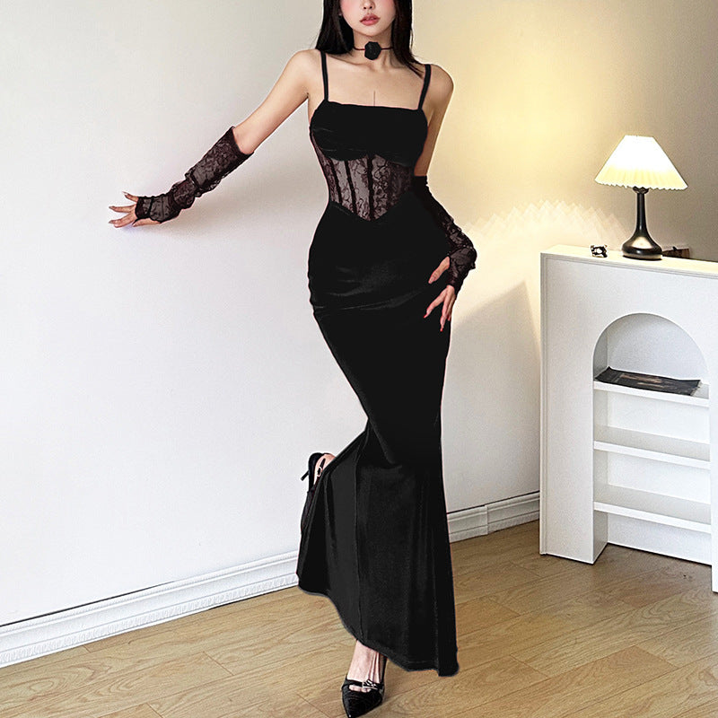 2025 style popular winter new women's clothing solid color hollow lace suspender hip dress dress sleeve set