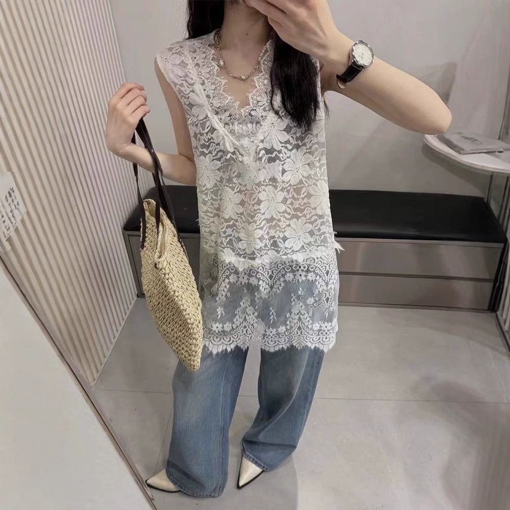 Siyuan, stacked artifact V-neck heavy industry lace sleeveless lace vest bottoming shirt women's hollow fart curtain 9023