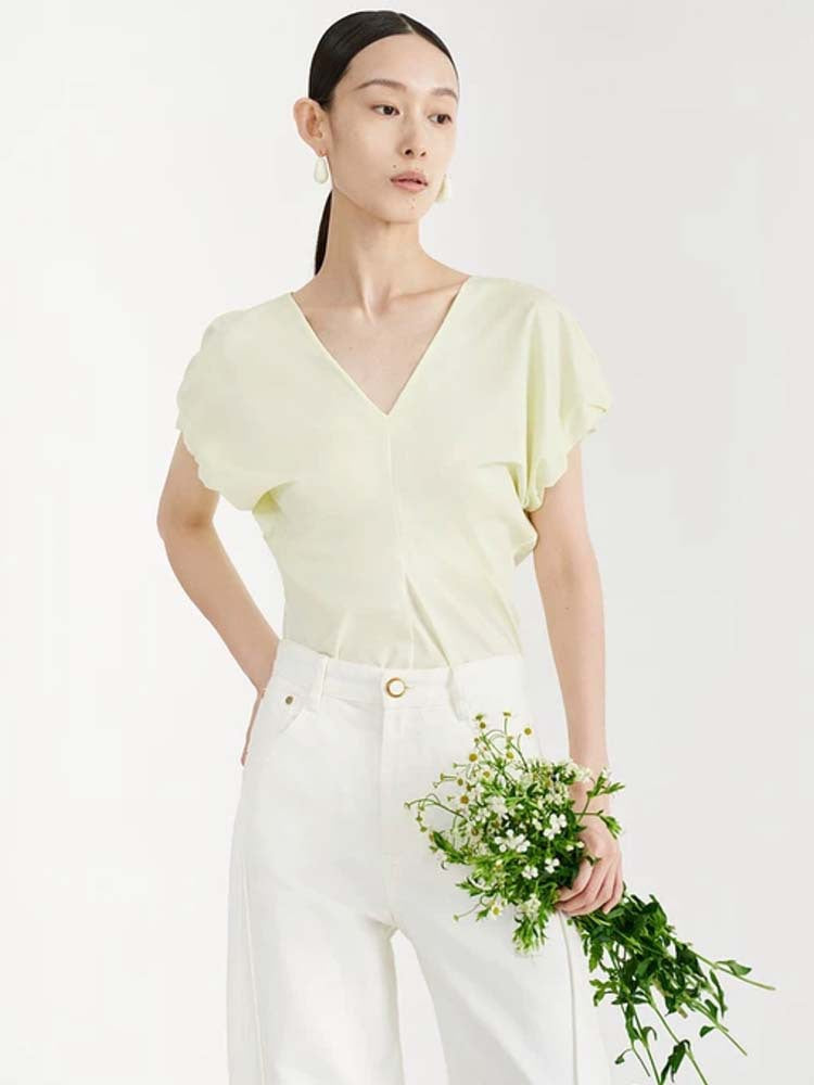 Siyuan, high-definition stand-up cut V-neck handmade bud sleeve T-shirt long-staple cotton women's design short-sleeved top women's 7043