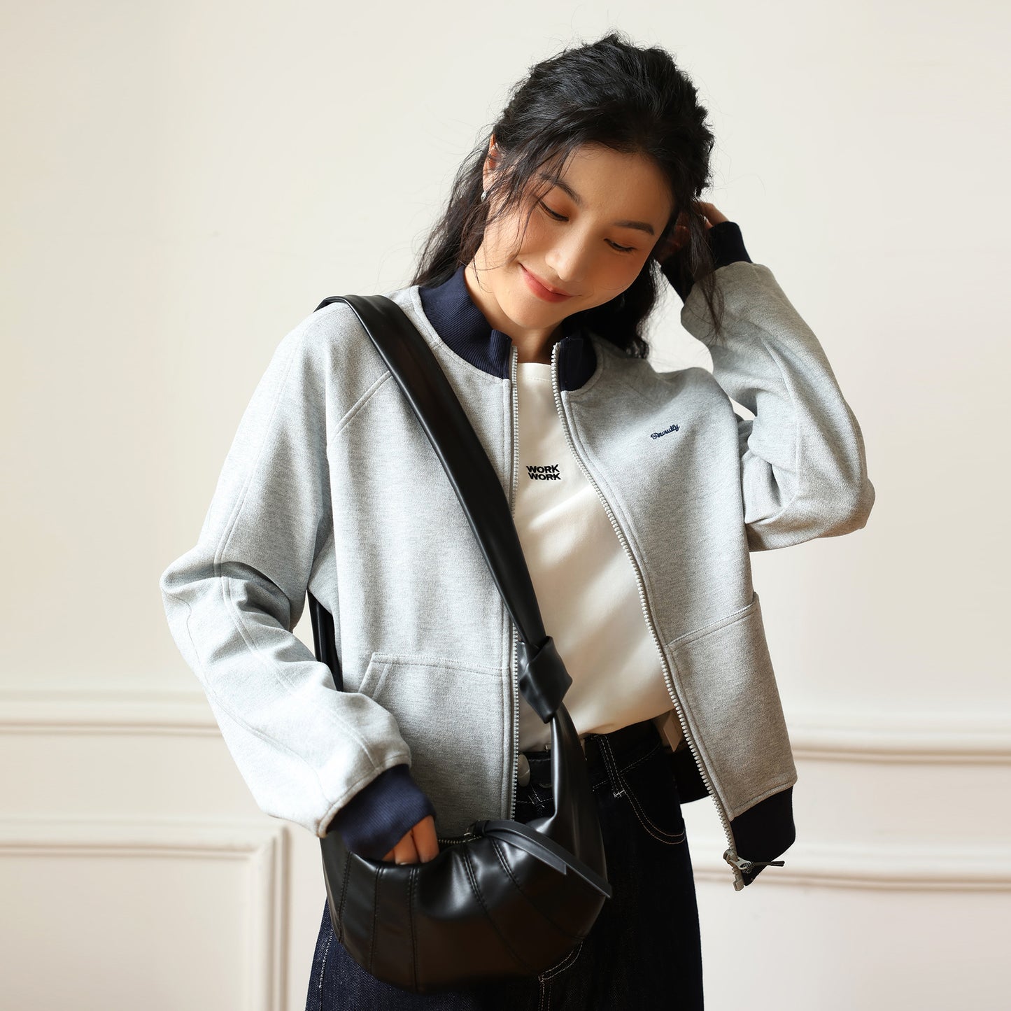 Letter Embroidery Contrast Color Sweater Women's New Design Sense Front Shoulder Cardigan Crew Neck Long Sleeve Zipper Jacket