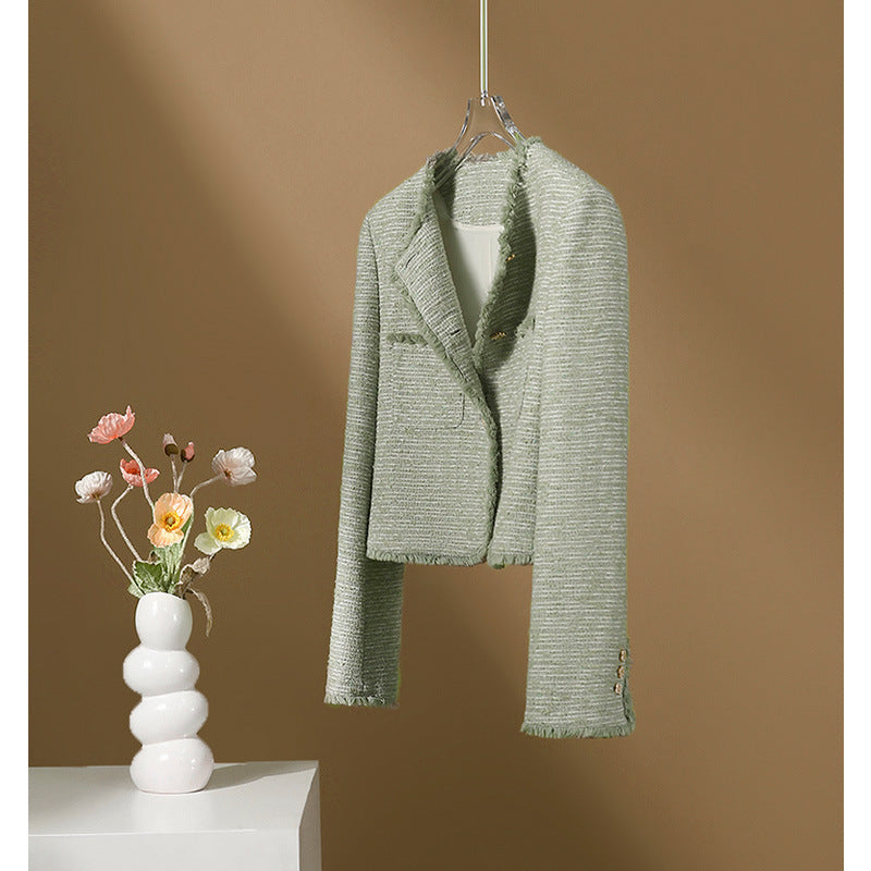 2025 High-end rough edge Xiaoxiangfeng jacket short spring and autumn women's clothing top spring green textured tweed