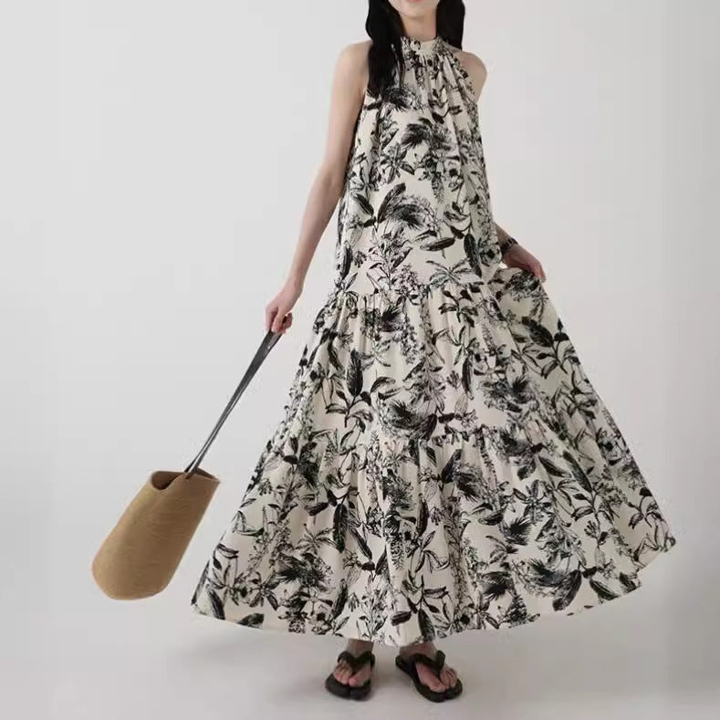 2025 Neck off-the-shoulder long floral dress for women's summer new retro national style ink painting slim long skirt