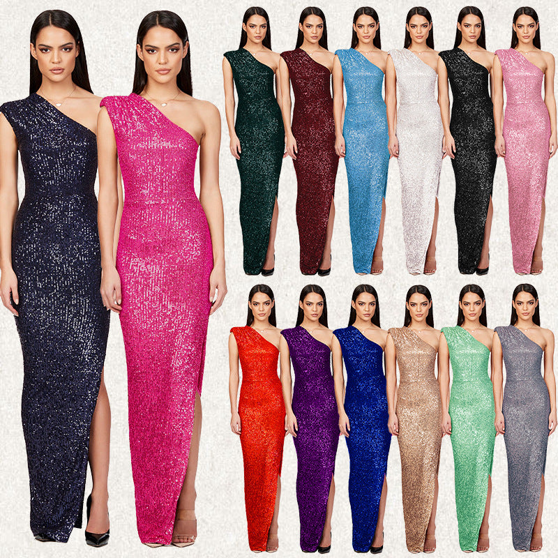 SIXSR 2025 women's one-shoulder split dress, sweet and spicy 2025 trade independent station sleeveless sequin dress