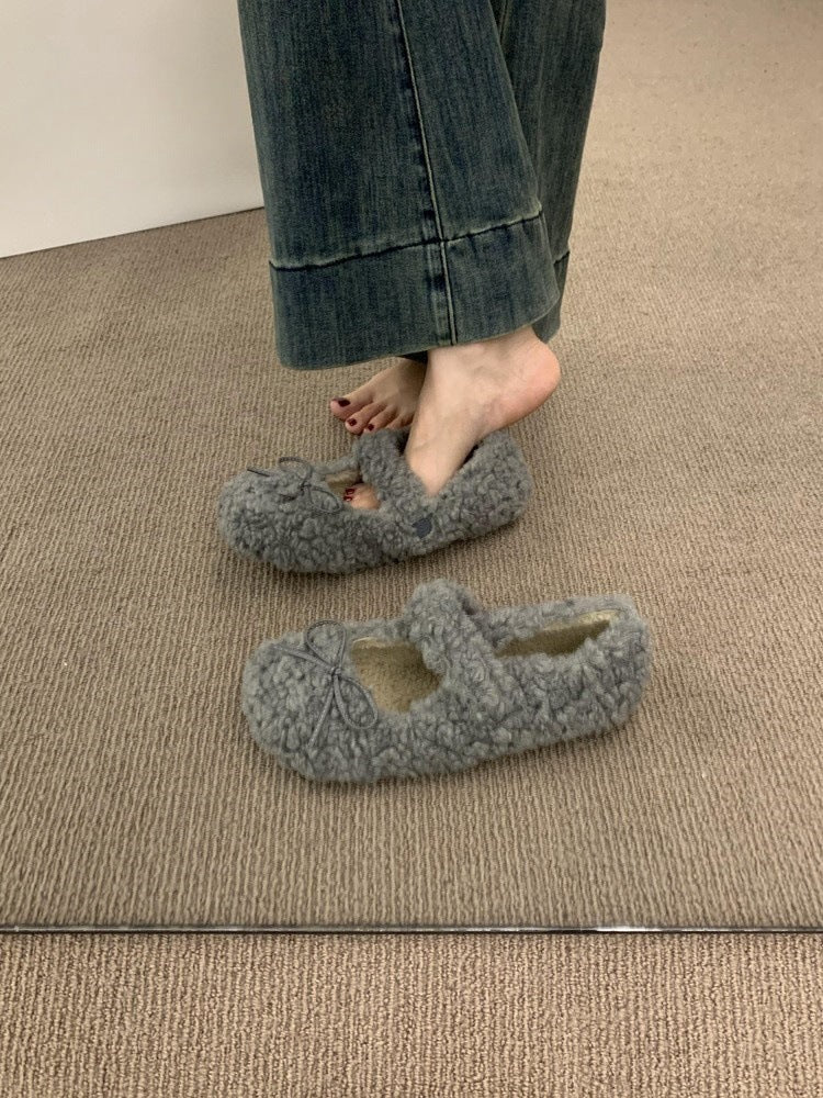 2025 Mao Mao shoes women wear in autumn and winter popular new fairy round head single shoes bow versatile velvet thermal cotton ladyshoes