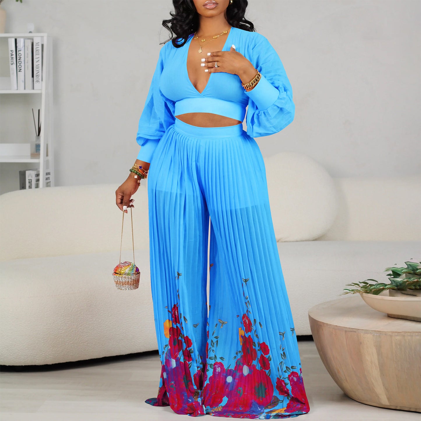 SIXSR D440 New Hot Trade Wholesale V-neck chiffon lantern sleeve top pleated wide-leg pants two-piece set 2025 suit