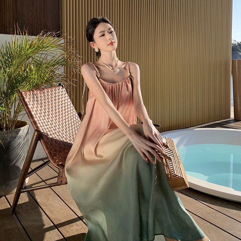 2025 Seaside holiday wind gradually change color smudge loose suspender beach skirt summer dopamine dress atmosphere super fairy