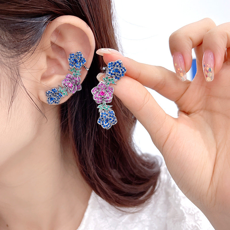 2025 Ethnic style retro rose ear bone clip color zirconium earrings women's S925 silver needle fashion temperament camellia earrings