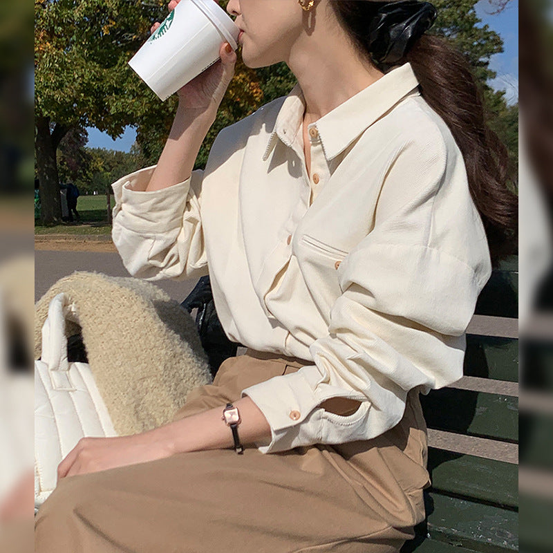 Korean version of corduroy shirt women's clothing 25 spring lapel collar stacked wear loose versatile top thickened polished warm shirt
