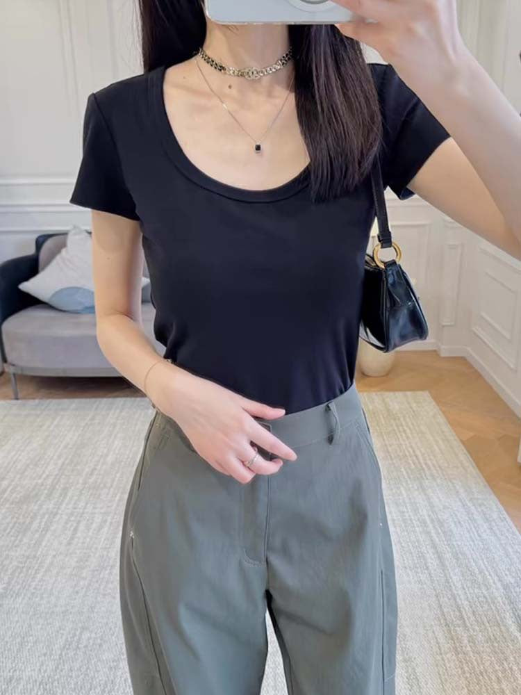 Siyuan 25 early spring simple commuting daily front shoulder five-color simple large u-neck short-sleeved T-shirt women's 8982