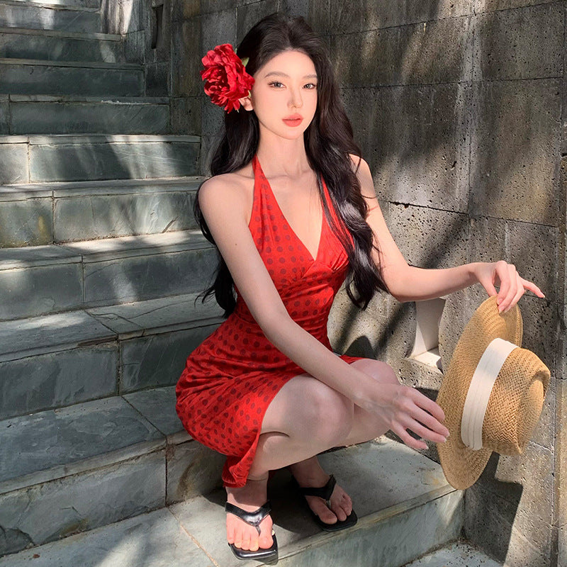 2025 niche design red polka dot neck backless vacation dress female sexy hot girl travel photo skirt
