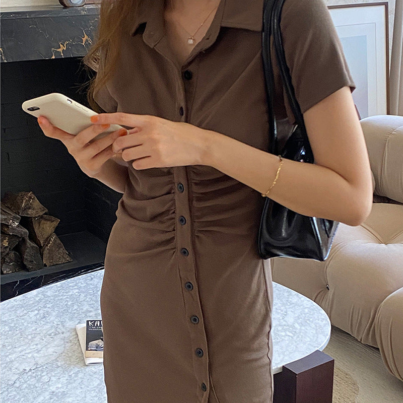 Short dress summer women's lapel pleated design temperament waist thin Internet celebrity sexy careful short skirt