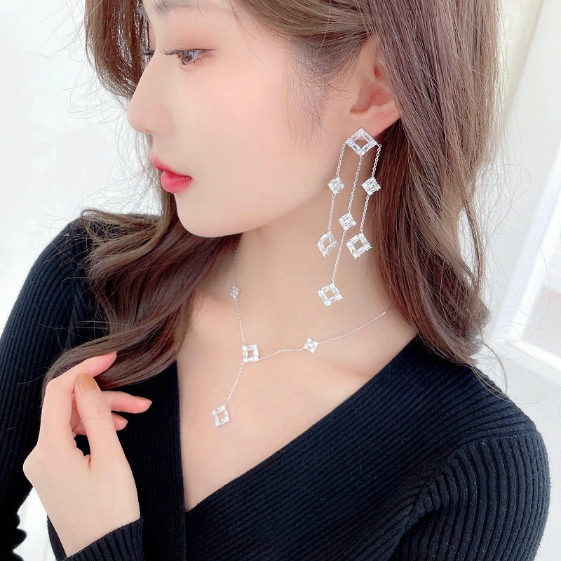 2025 New geometric square zircon inlaid long fringed earrings collarbone chain trendy light luxury high-end jewelry set