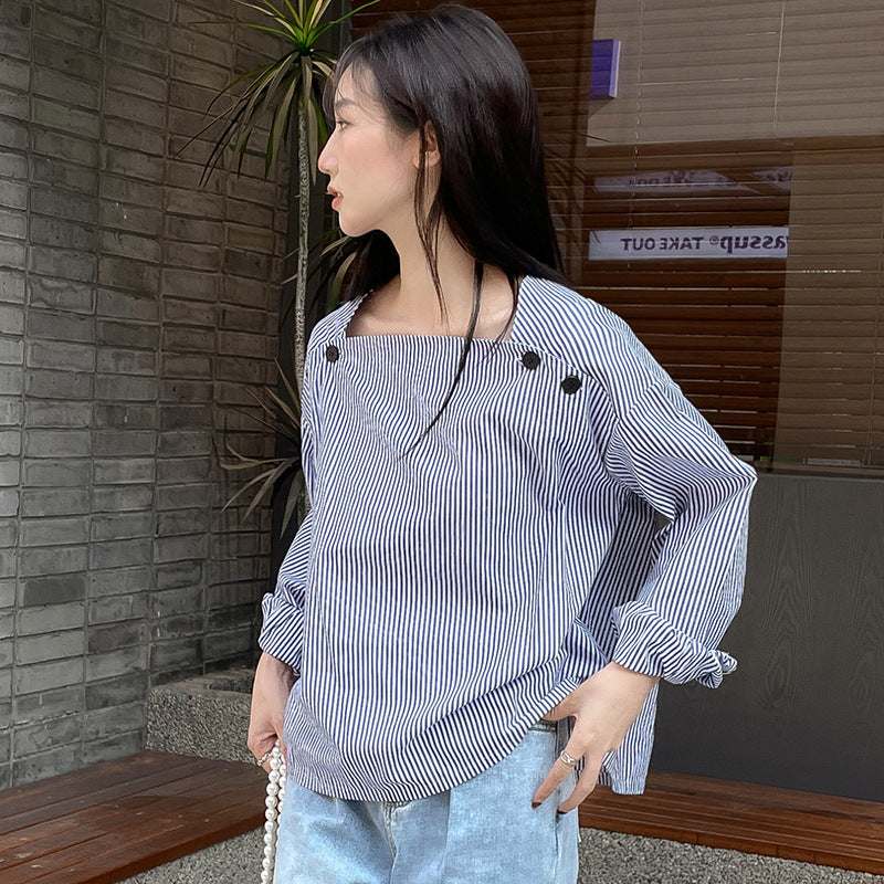 Spring New Striped Shirt Women's Fashion Square Neck Design Sense Long Sleeve Pullover Thin Room Strip Shirt Women's