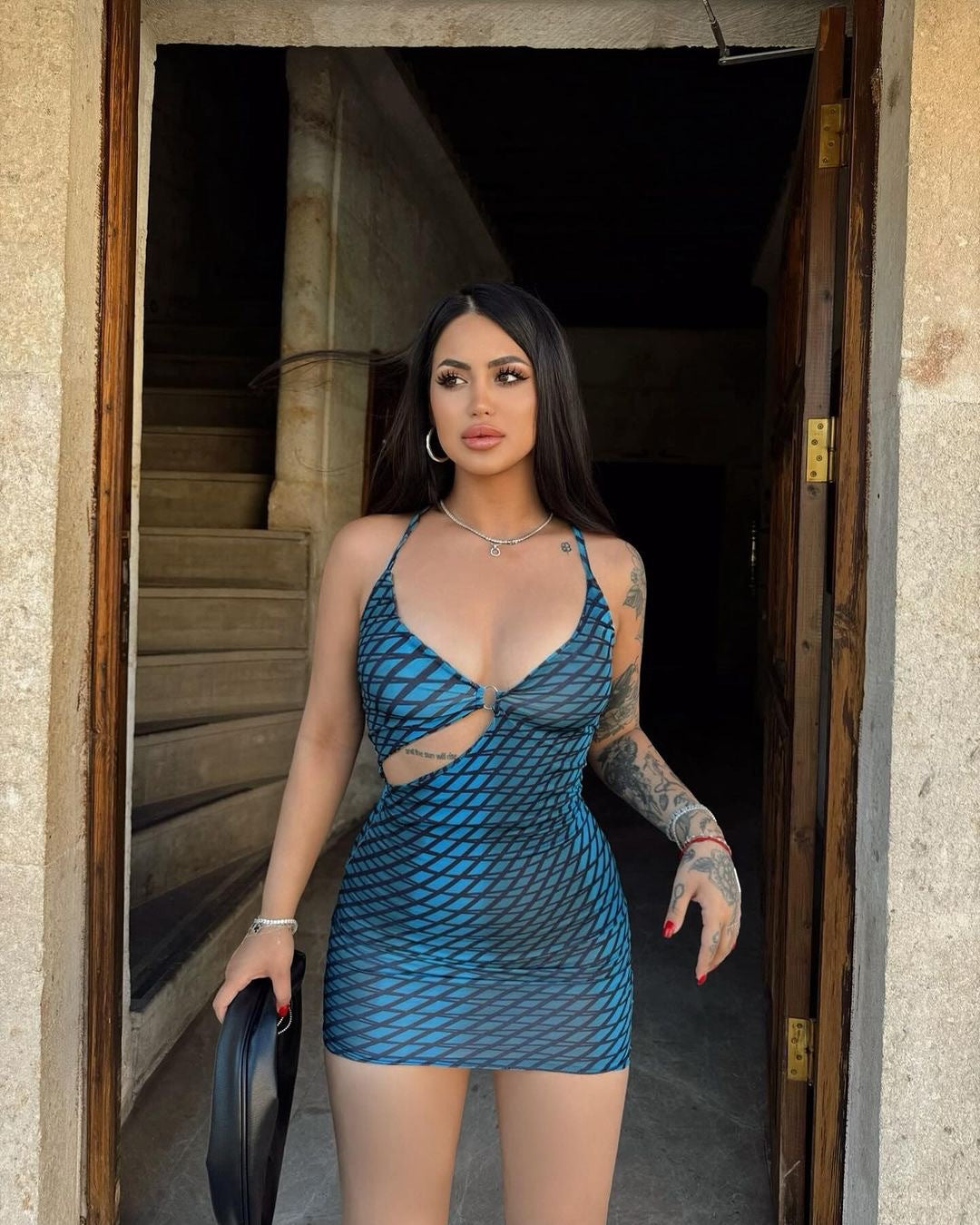 SIXSR 2025 Sexy Spice Girls Women's Clothing Summer ins Wind U-Neck Hollow Shoulder Strap Halter Blue Stripe Printed Dress