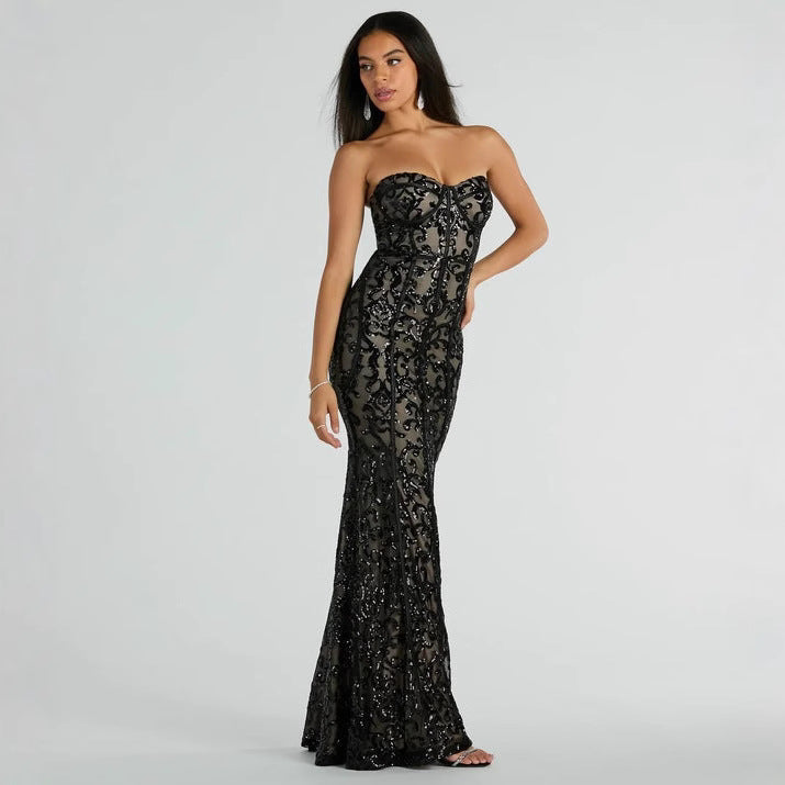 2025 2025 New new women's clothing party sequins sexy socialite dress black tube top dress long dress