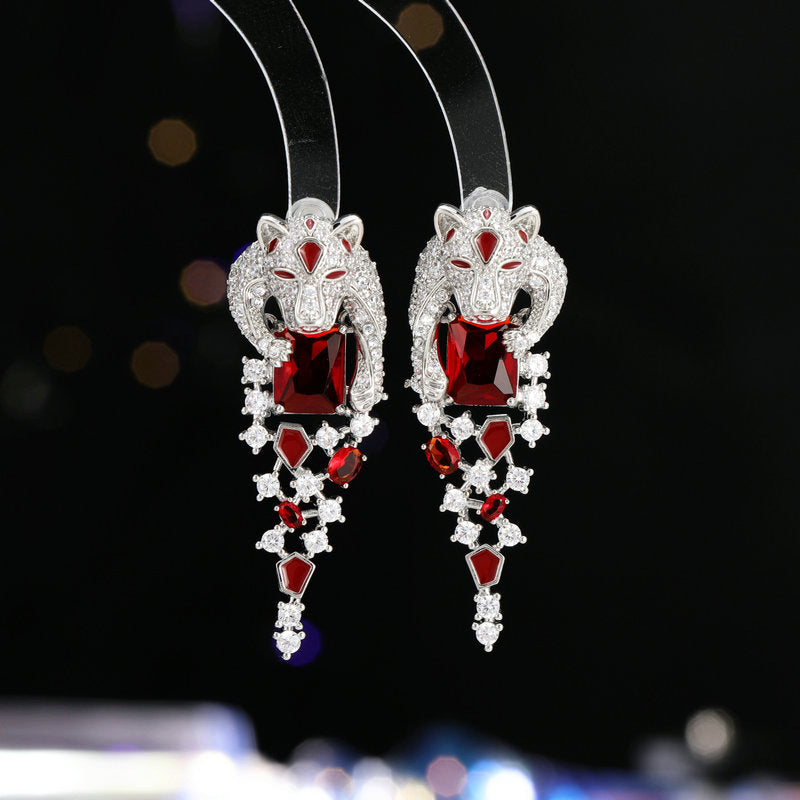 2025 Fashion banquet dress with earrings, female personality temperament, light luxury, high-end fashion zircon, gold leopard, cheetah earrings