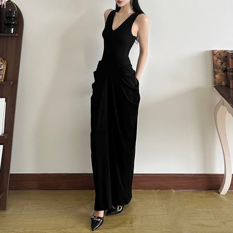 2025 style 2025 spring new women's clothing black sleeveless deep V long noble temperament dinner dress
