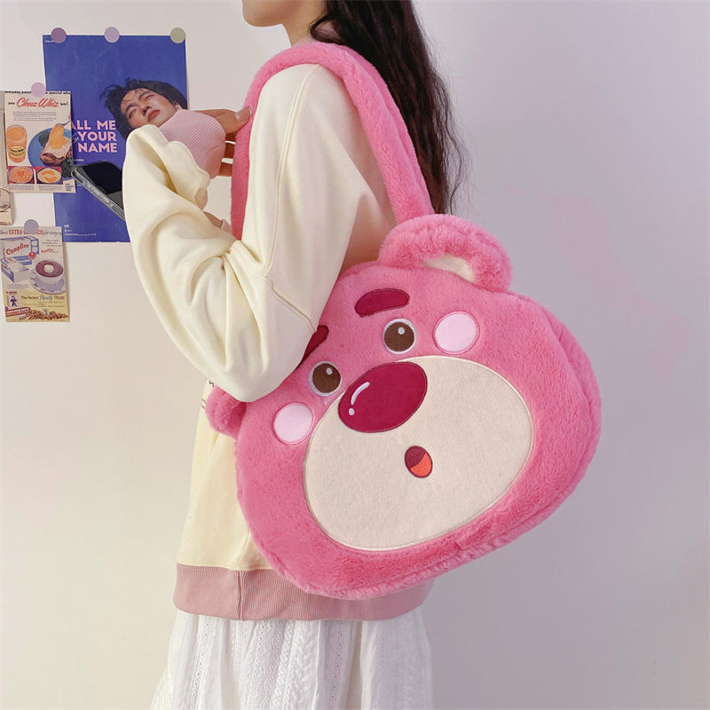 SIXSR 2025 Japanese new cute cartoon strawberry bear bag plush bag large capacity tote bag fluffy shoulder bag women's bag