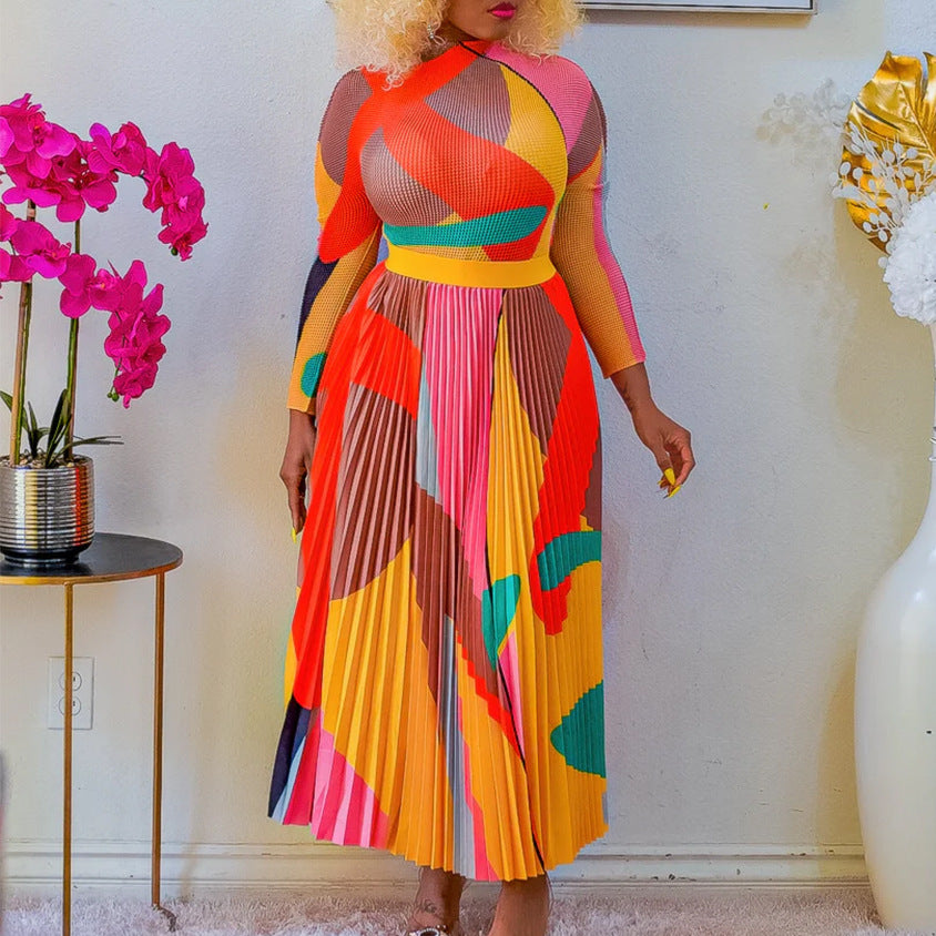 SIXSR D420 autumn pleated print contrasting suit long-sleeved top fashion skirt 2025 two-piece set