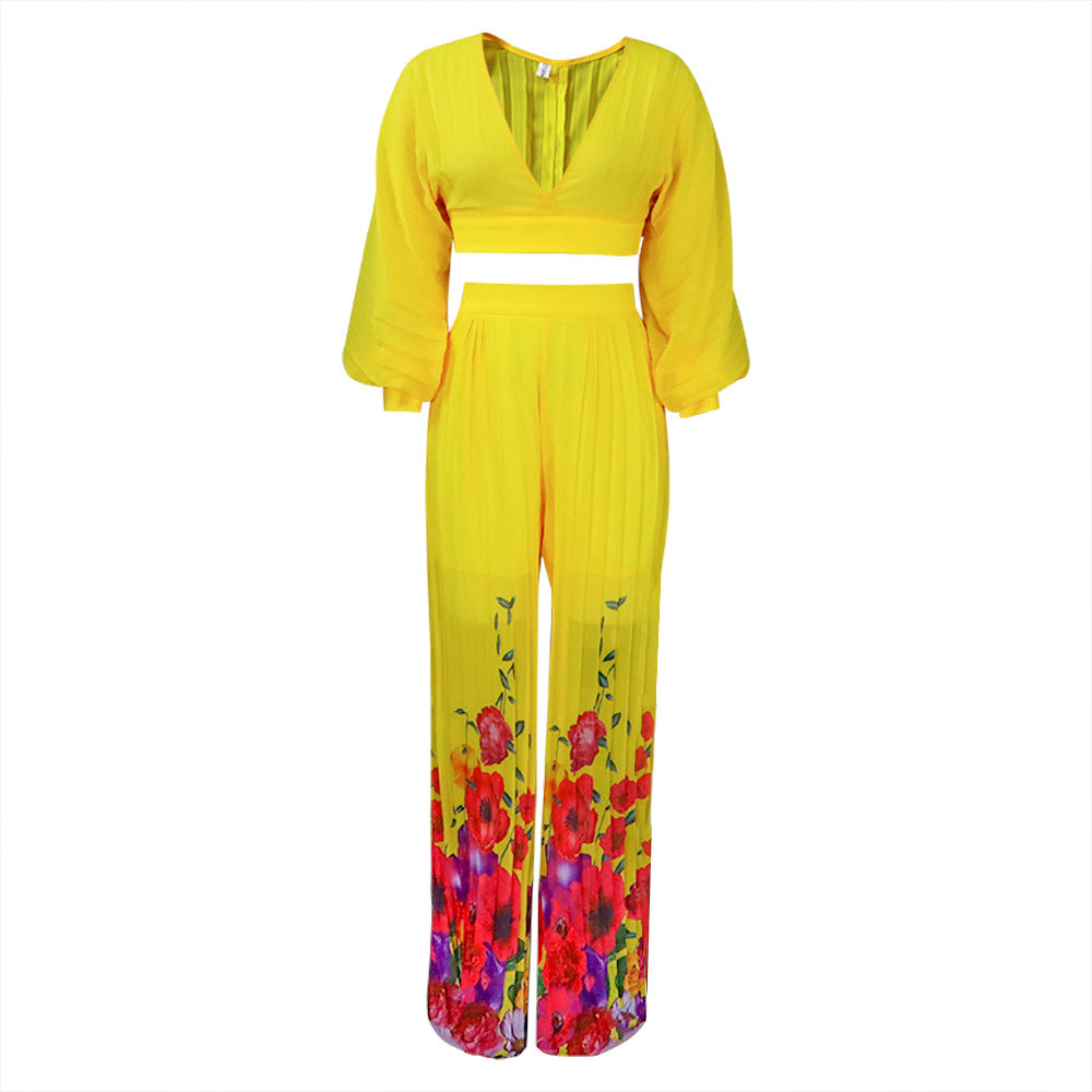 SIXSR Hot trade fashion suit popular new women's V-neck bat-sleeved chiffon top pleated wide-leg pants New two-piece set