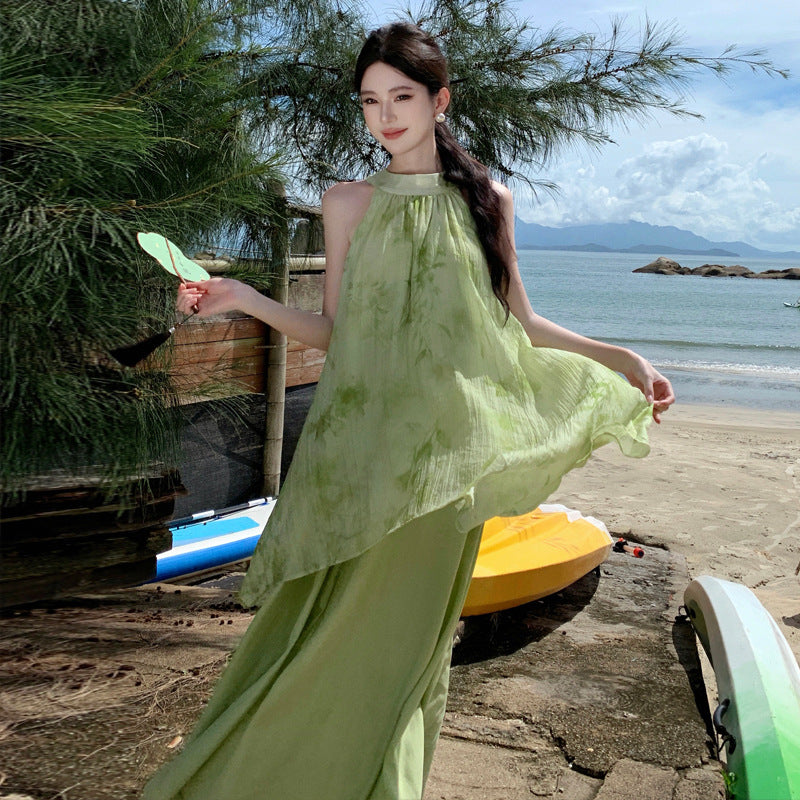 2025 New Chinese neck long dress women's lazy mint mambo irregular pendulum contrasting color national style holiday dress