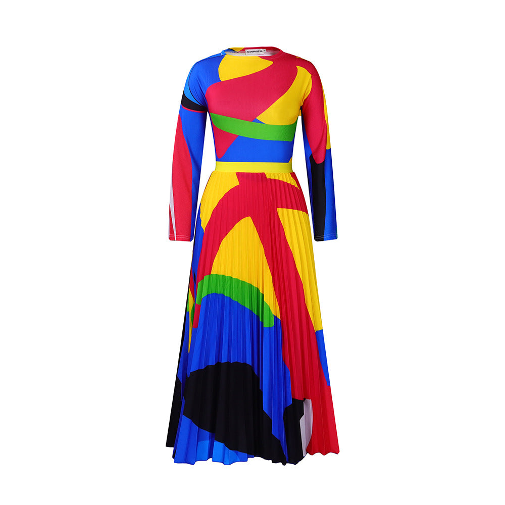 SIXSR D420 autumn pleated print contrasting suit long-sleeved top fashion skirt 2025 two-piece set