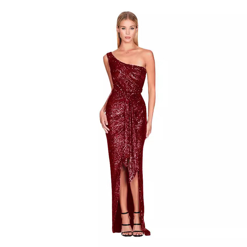 SIXSR 2025 OEM 2025 women's clothing split-ended halter dress independent station single shoulder sequined belt dress women's wholesale