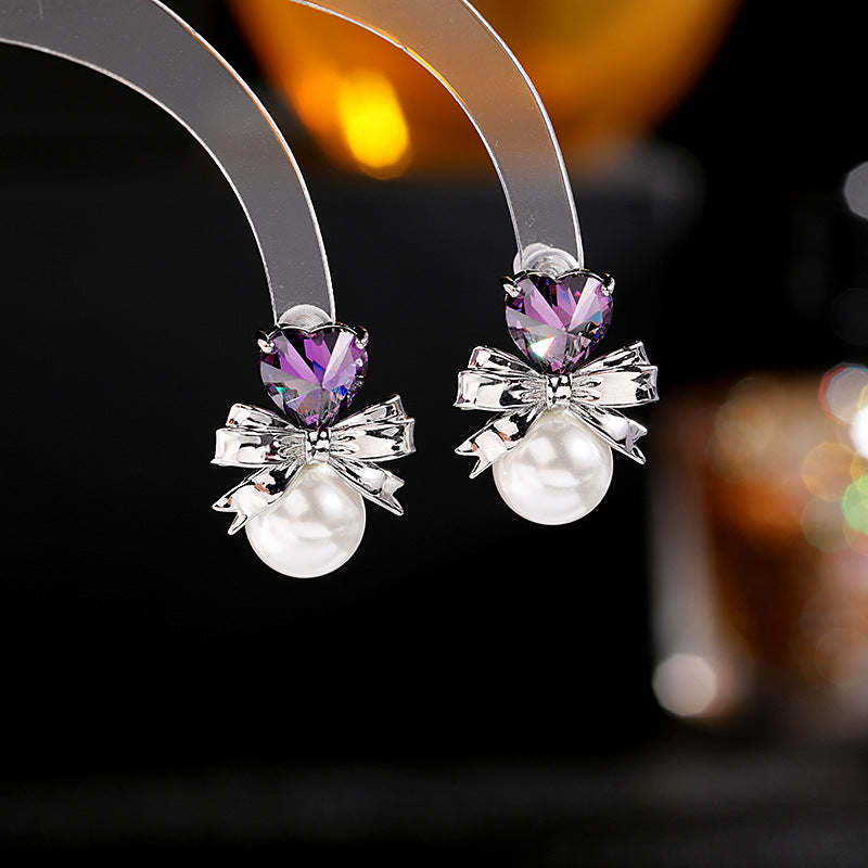 2025 Simple and versatile temperament sweet girl heart earrings s925 silver needle earrings trendy love pearl bow earrings