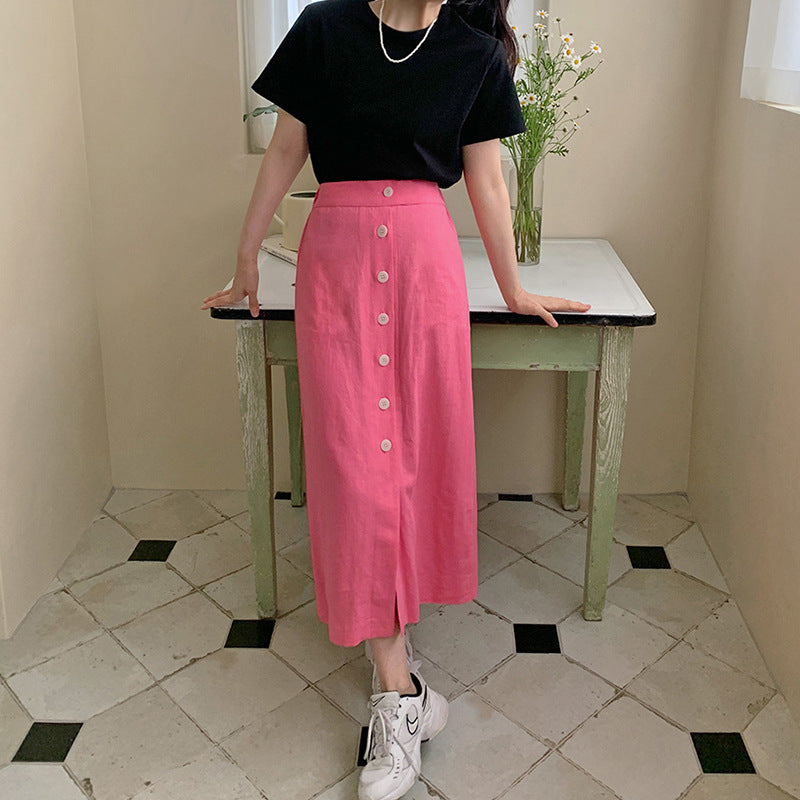 Skirt, medium and long summer women's clothing, Japanese blue skirt, elastic waist, hip-wrapped breasted design, over-the-knee A-shaped skirt